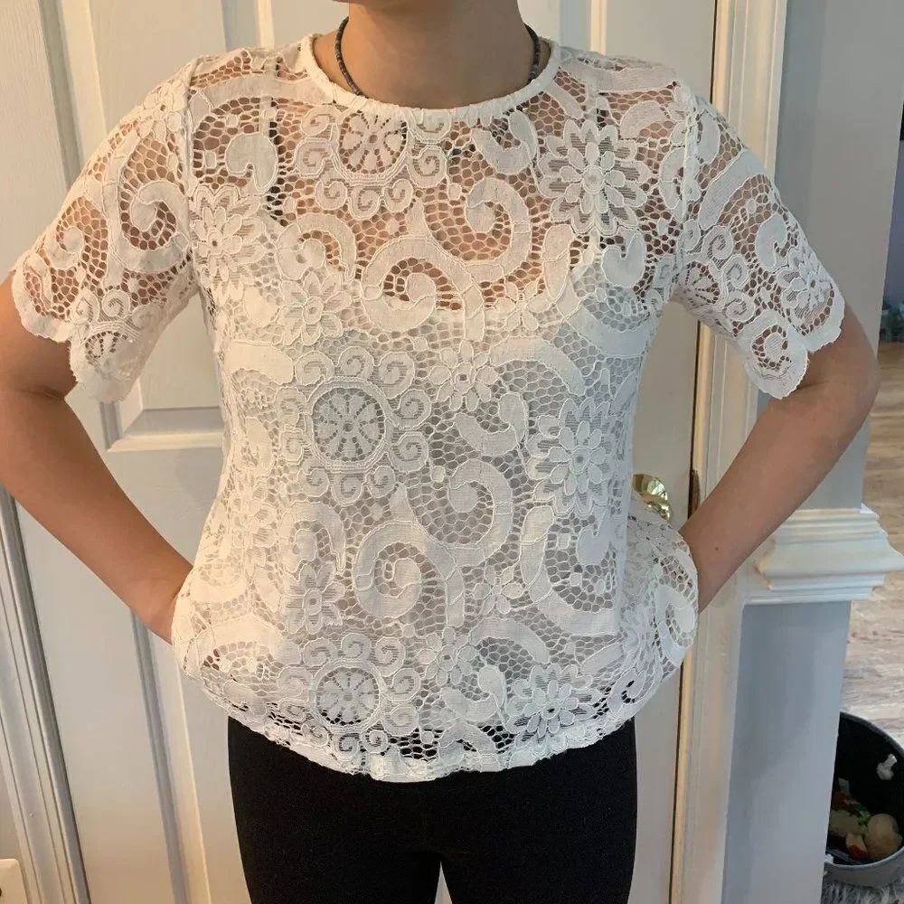 Nanette Lepore White Lace Bow Back Blouse sz S